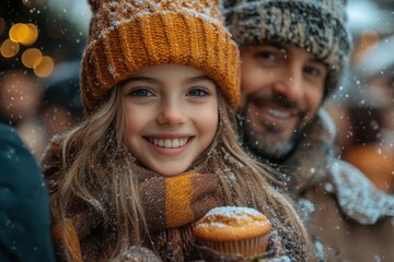 Young girl smiles with cupcake in snow.