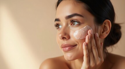 Woman Applying Cream on Acne-Prone Skin with Plain Background