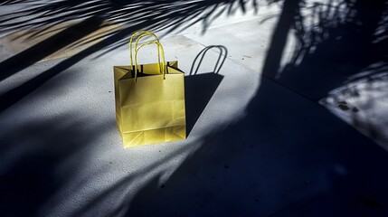 Single shopping paper bag isolated on neutral plain background, simple natural light detail