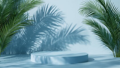 Fototapeta premium Light-blue round podium, presented amongst lush palm shadows, creates a serene and inviting atmosphere.