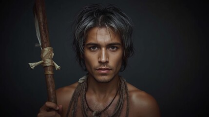 Traditional Folk Shaman Holding Ritual Object with Plain Background