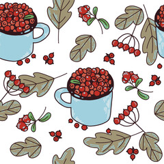 Seamless vector pattern of autumn leaves, cranberries and rowan twigs. All objects are hand-drawn, the illustration is suitable for printing on fabric, paper, for kitchen textiles, packaging decor.