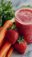 Fresh Smoothie Delight: A vibrant smoothie, accompanied by fresh strawberries and carrots, epitomizes health and vitality.