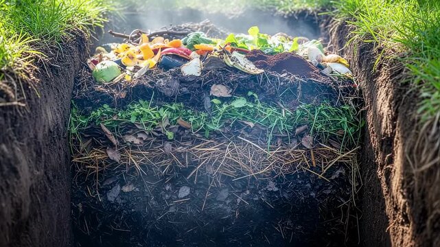 Medium shot of a backyard compost pit with layered kitchen scraps and garden waste decomposing naturally highlighting traditional composting methods