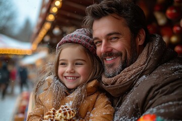 Man and girl smiling warmly.
