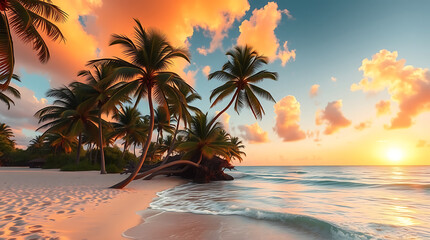 Tropical Beach Sunset with Palm Trees and Golden Sky