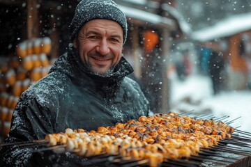 Man smiling, grilling food.