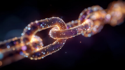 Digital Blockchain: A close-up, conceptual representation of a blockchain, with each link of the chain illuminated by data particles, symbolizing the interconnectedness, security.
