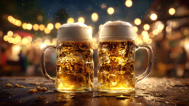Close-Up of Two Frothy Beer Mugs Clinking Together in a Festive Atmosphere with Bokeh Lights