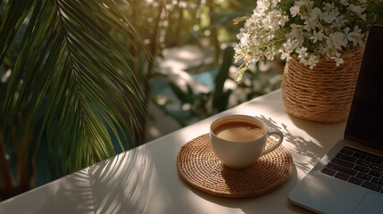 Coffee break in nature: A moment of tranquility amidst the lush green foliage. The soft glow of the sun casts a serene ambiance, as a cup of coffee sits next to a laptop in the foreground.