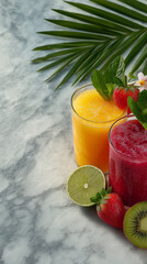 Tropical Refreshment: Vivid drinks sit next to fresh fruits on a stone surface, enhanced by the freshness of the sun-kissed flavors, beckoning one to indulge in this rejuvenating summer elixir.