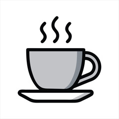 Hot Coffee Cup Vector Icon with Saucer – Simple Minimal Tea or Coffee Mug Illustration with Steam Isolated on White Background