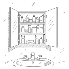 Medicine Cabinet with Bathroom Sink in detailed line art style, black and white