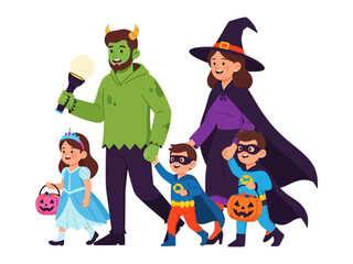 Family Halloween Outing: A vibrant illustration captures a family, all in costume, embarking on a spirited trick-or-treat adventure, evoking feelings of joy, camaraderie and holiday fun.