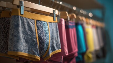 Stylish mens boxer briefs hanging on a rack with one pair prominently in focus against a softly blurred backdrop of varied underwear styles.