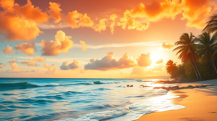 Tropical Beach Sunset with Palm Trees and Golden Sky