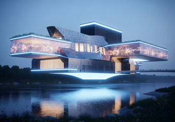 Modern architecture reflecting on the city river at night with a bridge under the urban sky