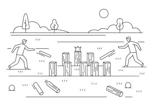 Two athletes playing kubb in line art style