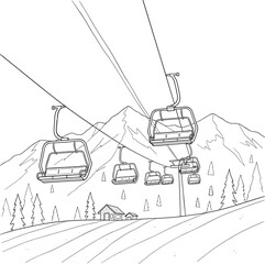 Ski lift line art illustration in black and white