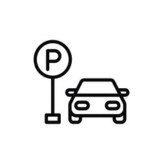 Simple line art icon of a car and parking sign