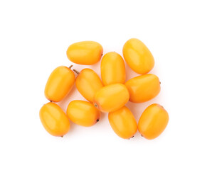 Fresh ripe sea buckthorn berries isolated on white, top view