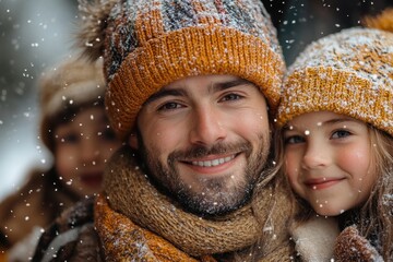 Man and girl smiling in winter clothes.