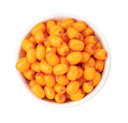 Fresh sea buckthorn berries in bowl isolated on white, top view