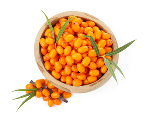 Fresh sea buckthorn berries with green leaves isolated on white, top view