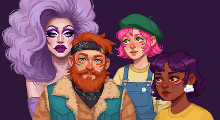 Fototapeta premium Diverse group of friends celebrating pride with rainbow face paint and colorful hair