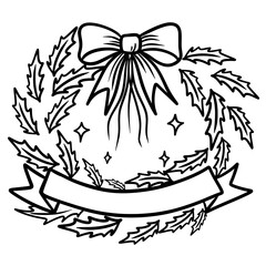 Christmas Wreath Line Art with Bow and Ribbon, Holiday Decoration Vector
