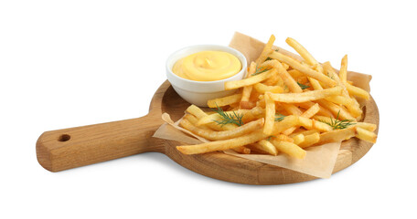 Tasty french fries with dill and sauce isolated on white