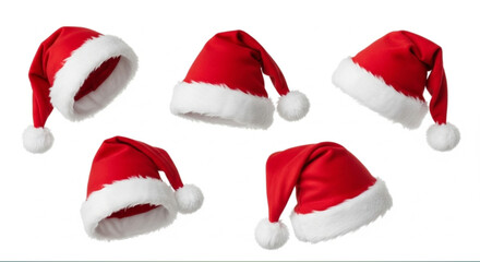 Realistic set of red santa hats. New Year red hat. - stock vector