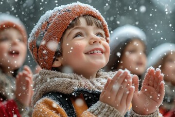 Young girl in winter scene, gleefully making a snow angel.