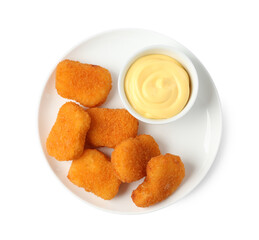 Tasty chicken nuggets with sauce isolated on white, top view
