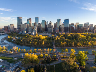 Aerial photograph of Calgary's downtown along the Bow River on a beautiful autumn evening.