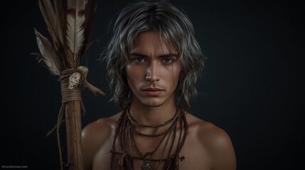 Traditional Folk Shaman Holding Ritual Object with Plain Background