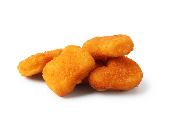 Many tasty chicken nuggets isolated on white