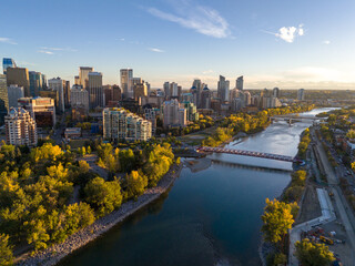 Aerial photograph of Calgary's downtown along the Bow River on a beautiful autumn evening.