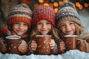 girls in winter clothing holding mugs.