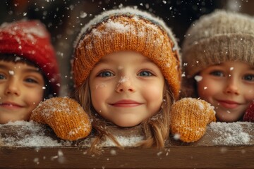 children in winter hats looking over a wooden fence.