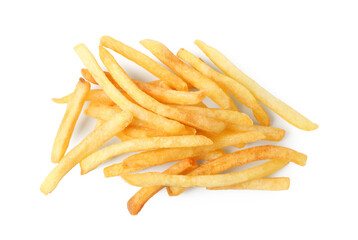 Pile of tasty french fries isolated on white, top view