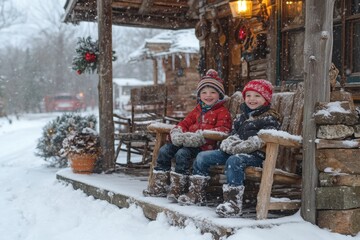 children sitting on a porch in the snow.