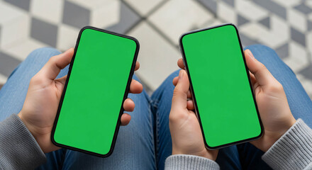Two Hands Holding Modern Smartphones with Green Screen Mockup for App Promotion and Online Content Creation