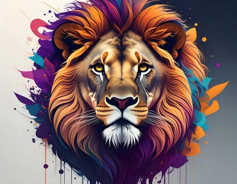 Bold lion portrait with vibrant colors and abstract elements