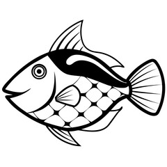 Simple Outline Triggerfish Fish Vector Drawing Isolated on White