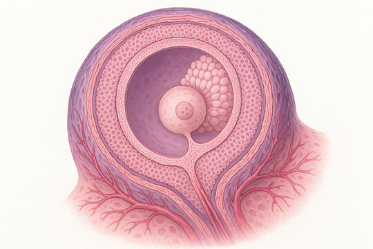 Anatomical illustration of a cross-section of an ovarian follicle with granulosa cells, theca cells, and oocyte
