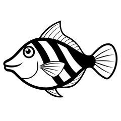 Simple Outline Triggerfish Fish Vector Drawing Isolated on White
