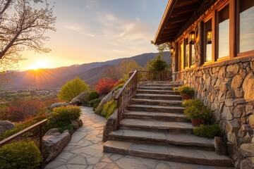 Obraz premium Stone stairs lead to a home at sunset with a mountain view, use as real estate