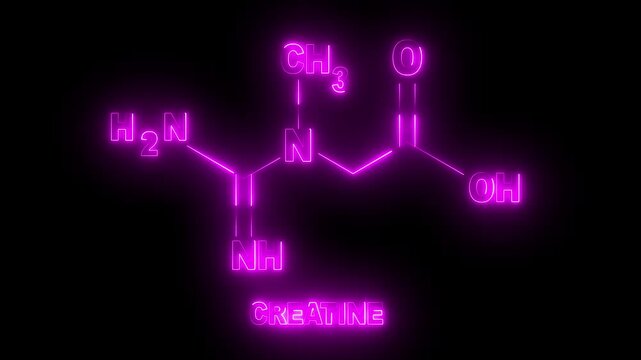Abstract glowing neon skeletal Formula of creatine showing Nitrogen ,Hydrogen , Carbon and Oxygen Atoms .4k motion graphics video black background .