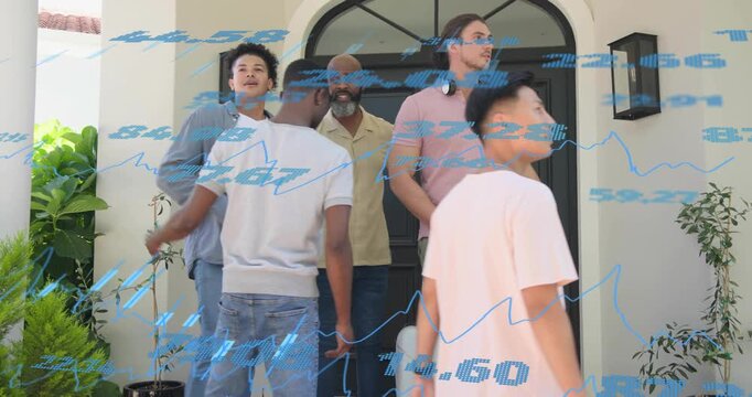 Group of five arriving on stucco porch initiating real estate scanning using phone checking transom